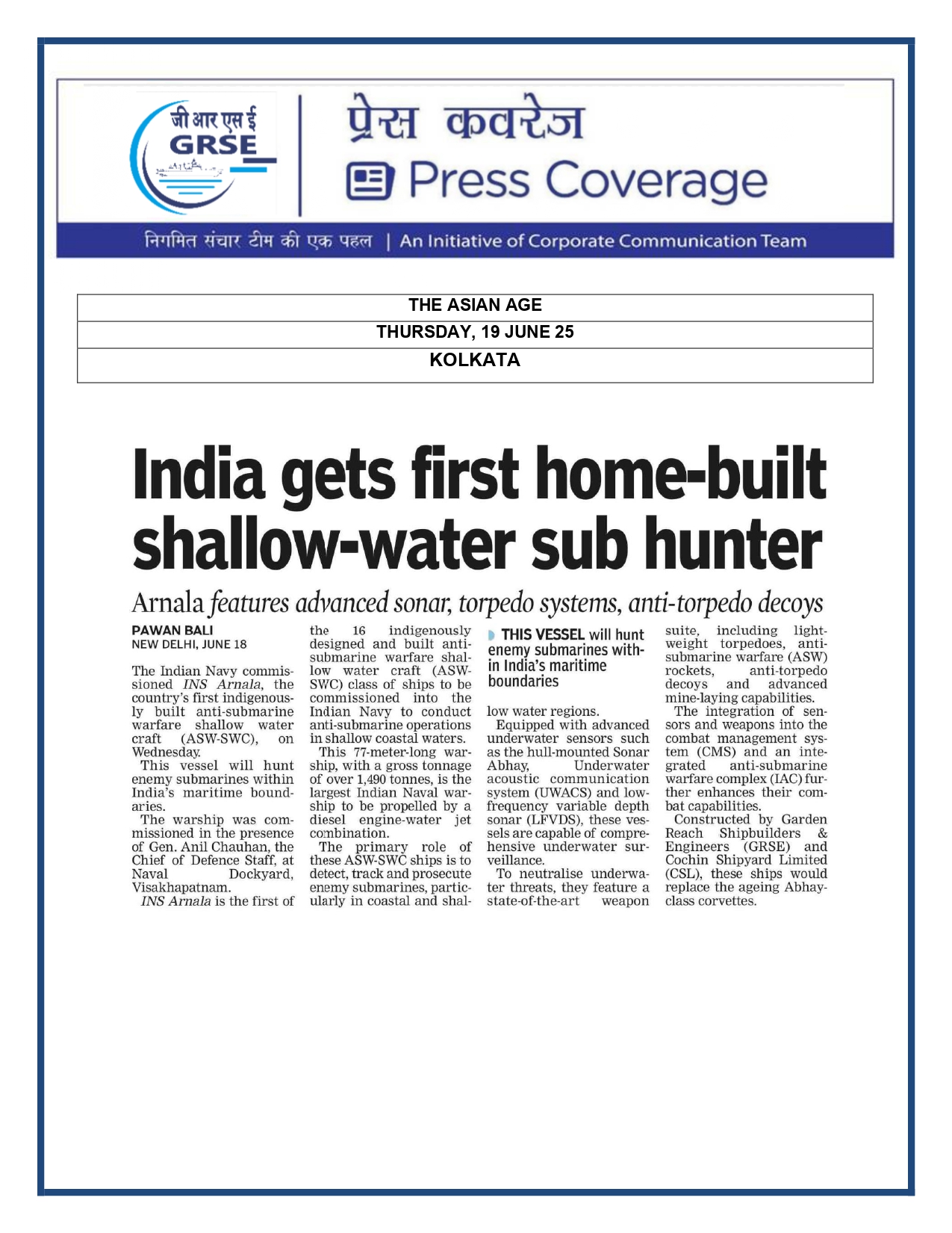 Press Coverage : CMD,GRSE conferred on CMA's Management Excellence Award 2025  